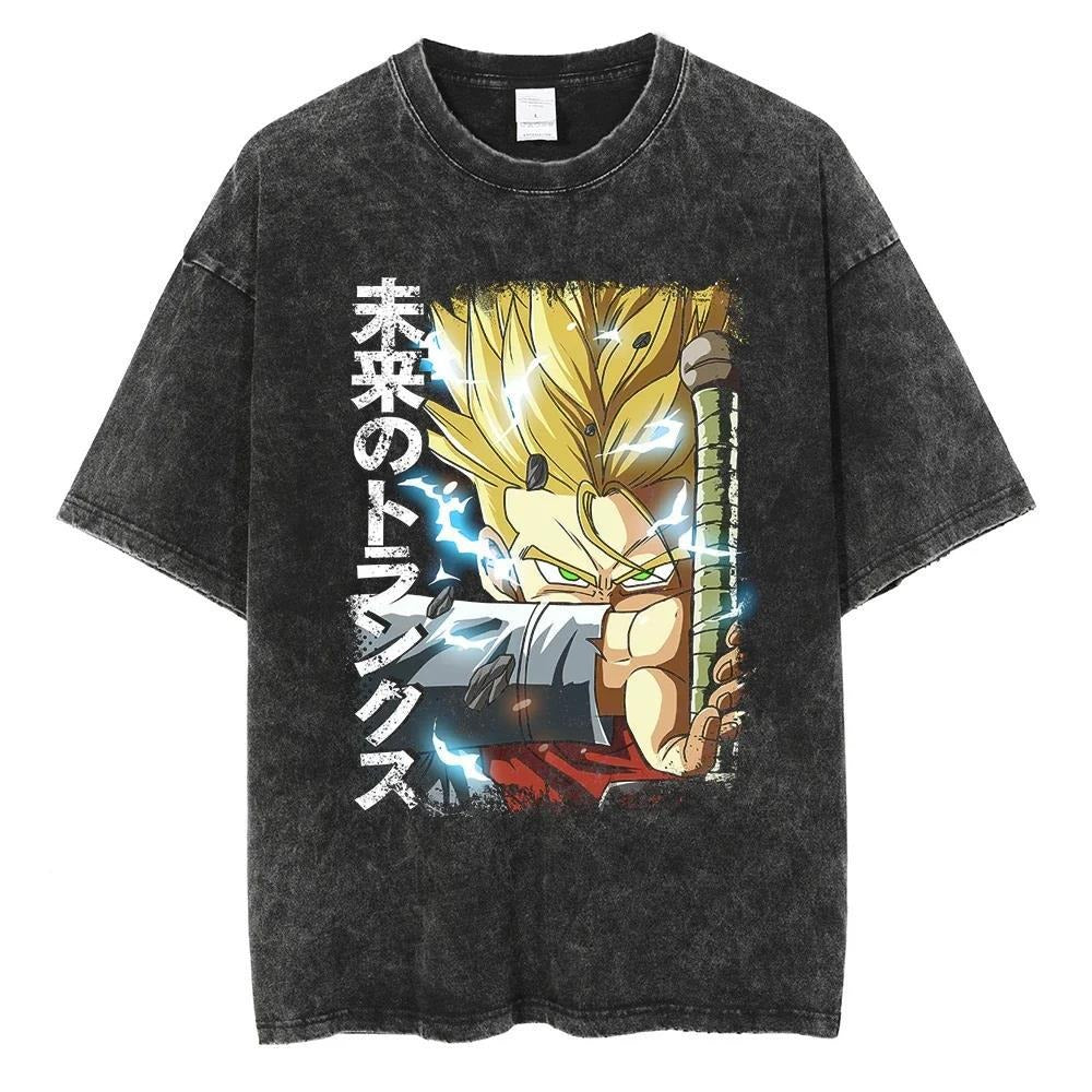 Hip Hop Oversized Washed Anime T-shirts Men Black Vintage