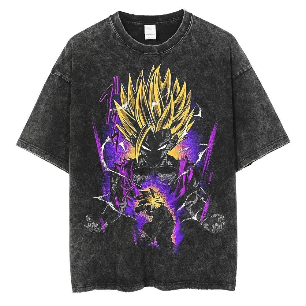 Hip Hop Oversized Washed Anime T-shirts Men Black Vintage