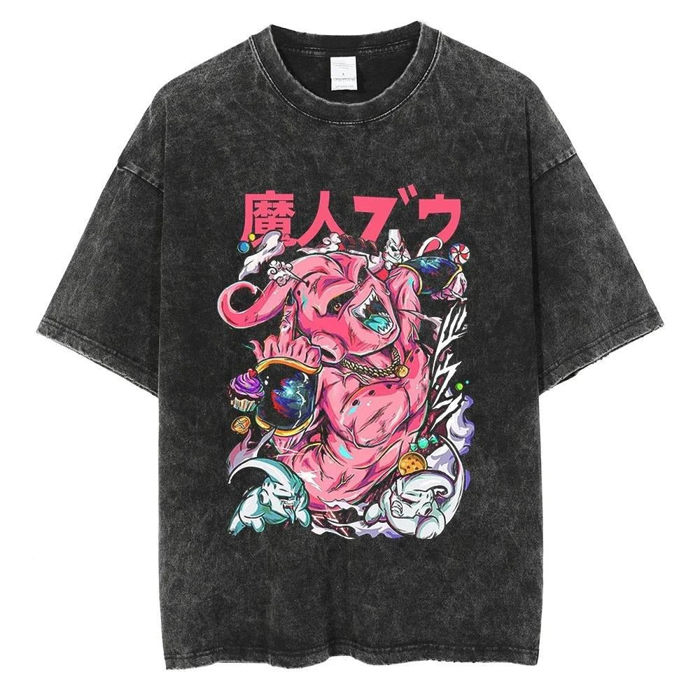 Hip Hop Oversized Washed Anime T-shirts Men Black Vintage