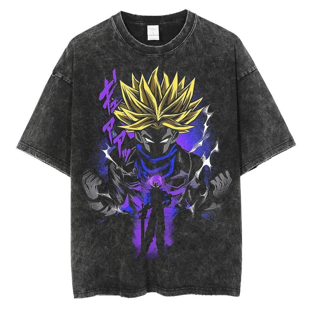 Hip Hop Oversized Washed Anime T-shirts Men Black Vintage